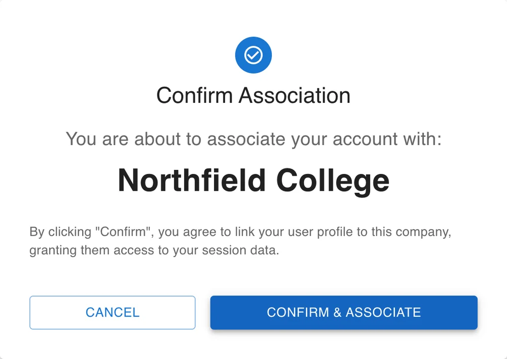 Confirm Association, naming Northfield College, with Cancel and Confirm & Associate