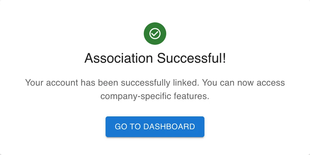 Association Successful! with Go to Dashboard