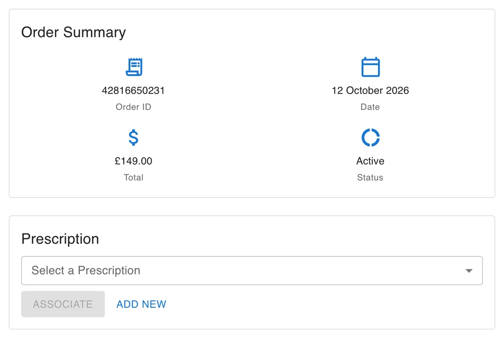 An order's Prescription panel with Select a Prescription, Associate and Add New