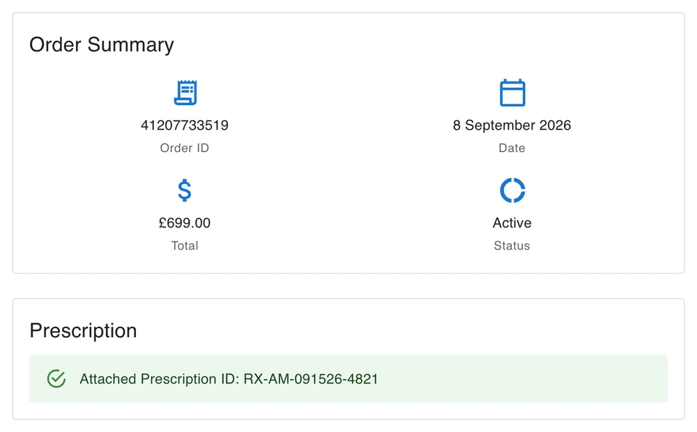 Order Summary for an AR2 order, with its attached prescription