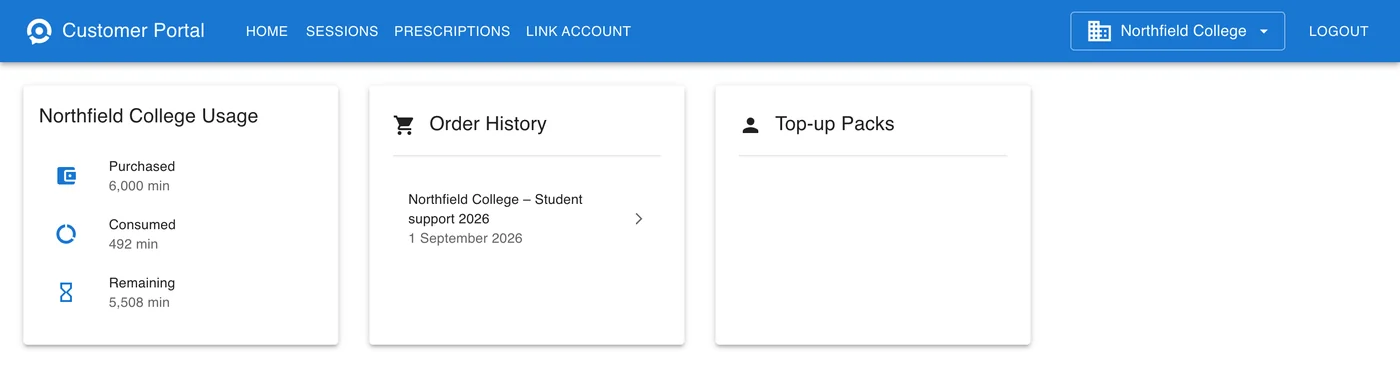 Northfield College Usage, with Order History and Top-up Packs