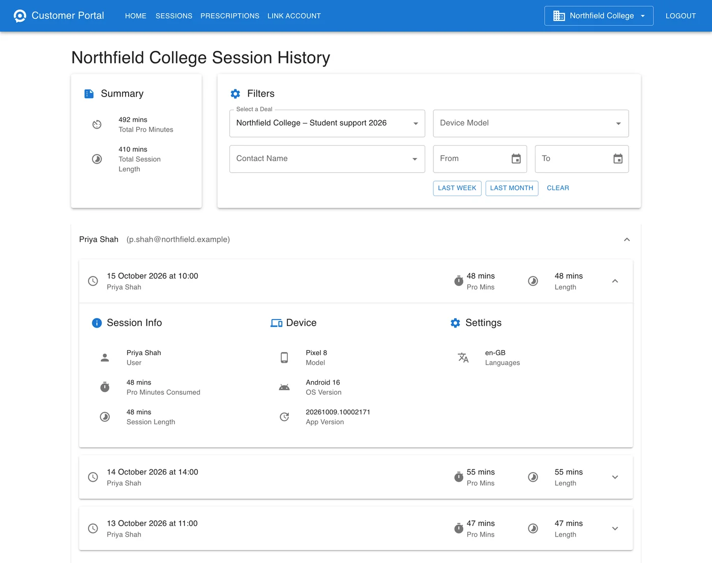 Northfield College Session History: Summary, Filters, and each person's sessions, one opened