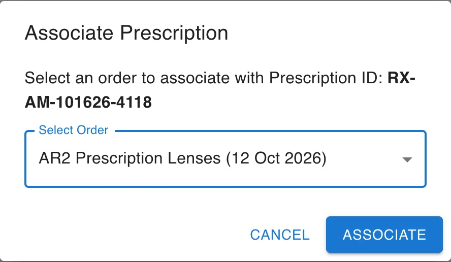 Associate Prescription, with an order chosen under Select Order