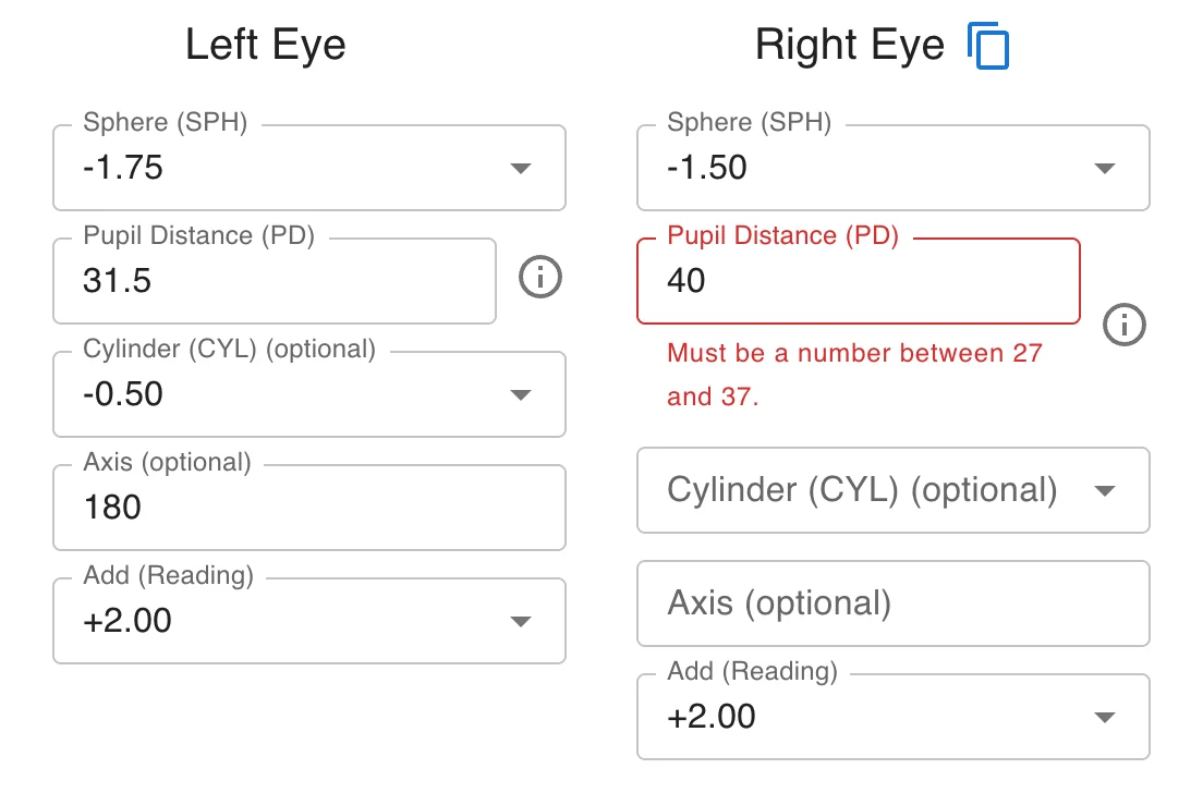 A pupil distance of 40 with the message Must be a number between 27 and 37