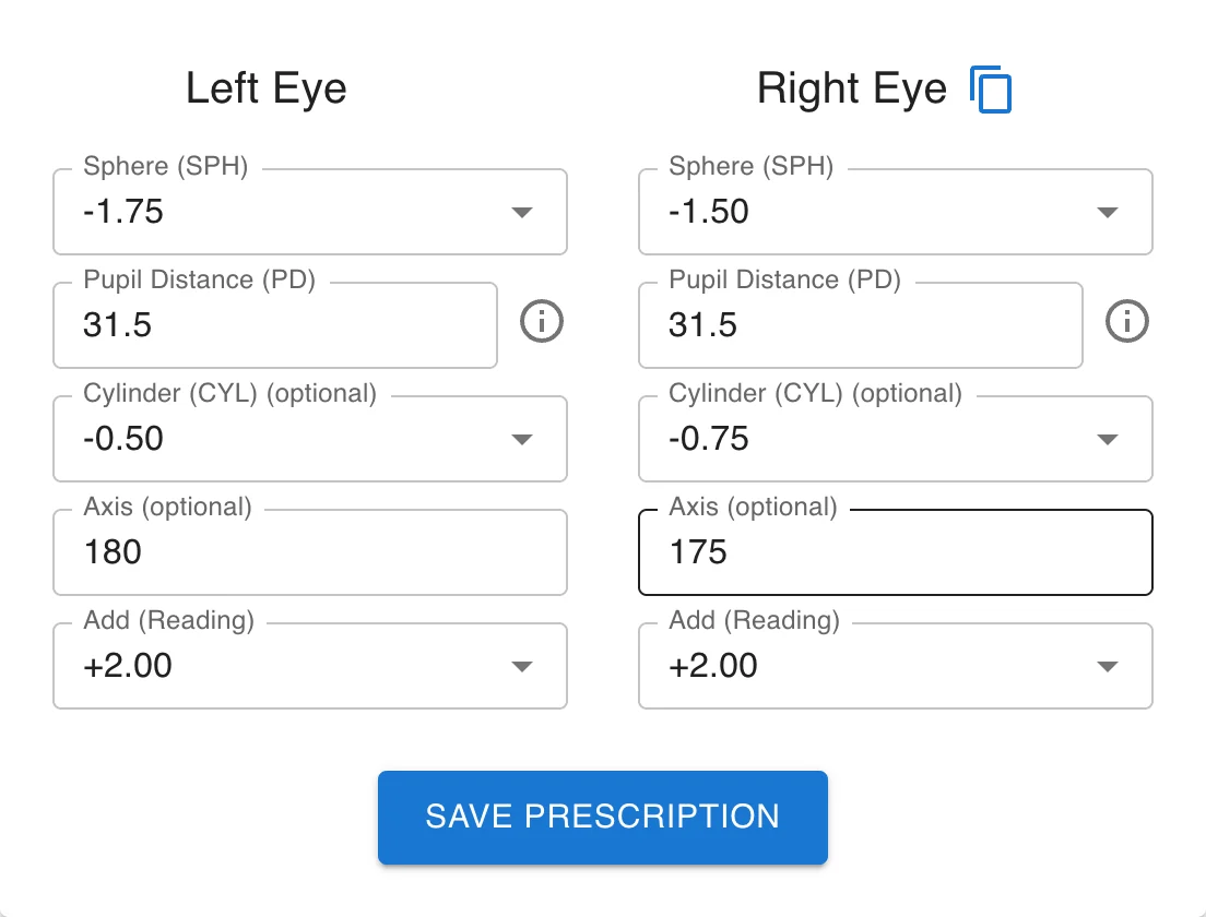 The Left Eye and Right Eye boxes filled in, with Add (Reading) for a near prescription