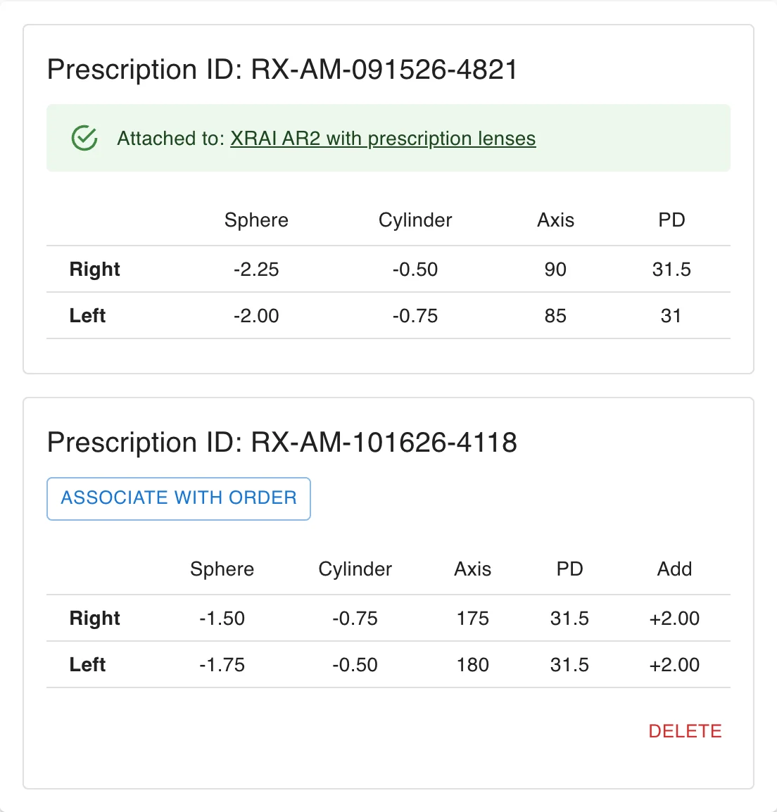 Saved Prescriptions: one attached to an order, one with Associate with Order and Delete