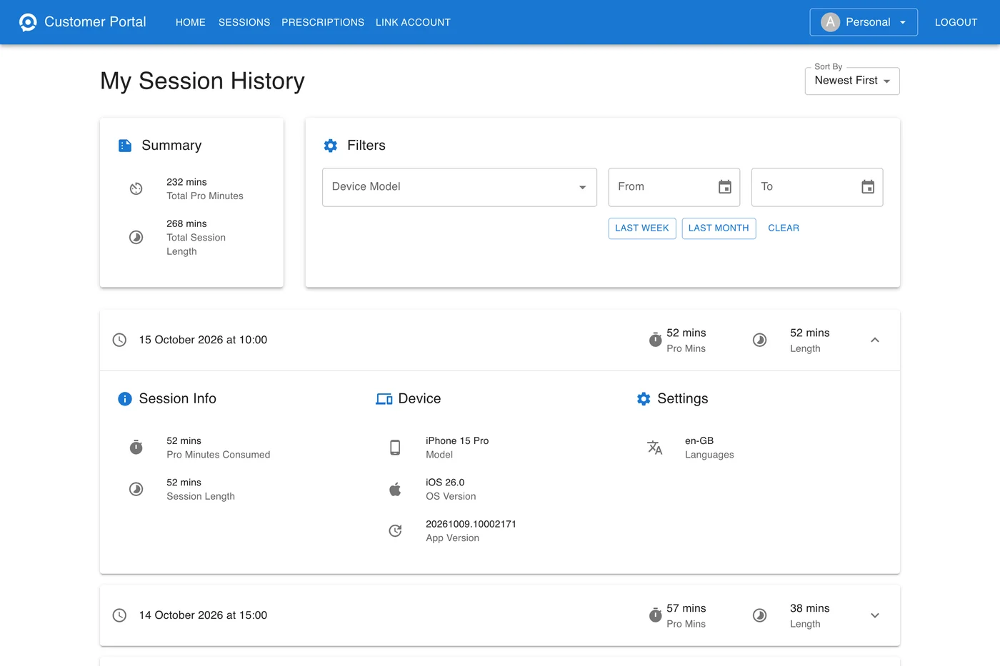 My Session History: Summary, Filters, Sort By and a list of sessions with one opened