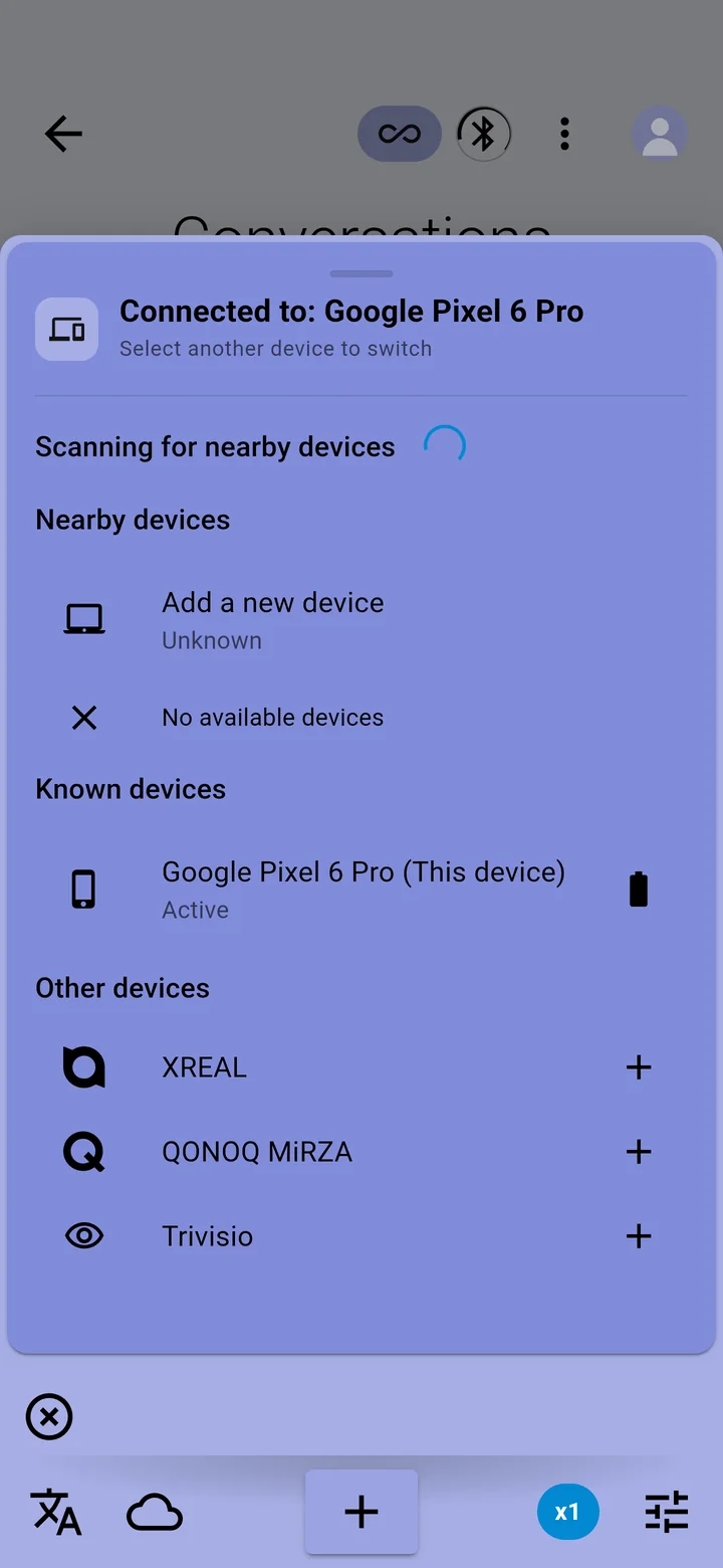 The Devices panel with nearby, known and other devices