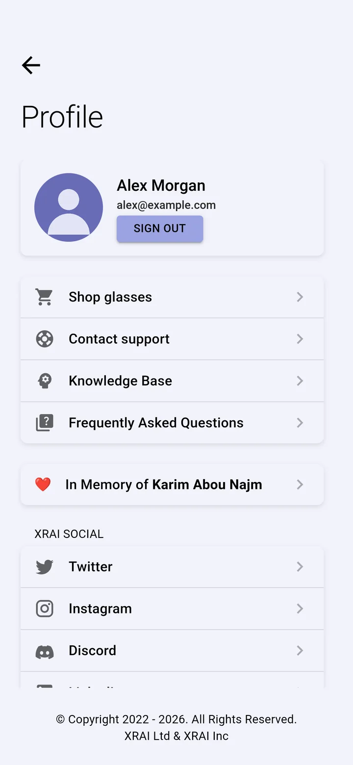 Profile: your name, email address and Sign out