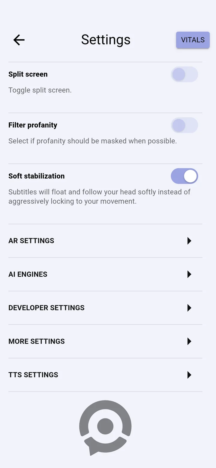 Further down: AR settings, AI engines, More settings and TTS settings