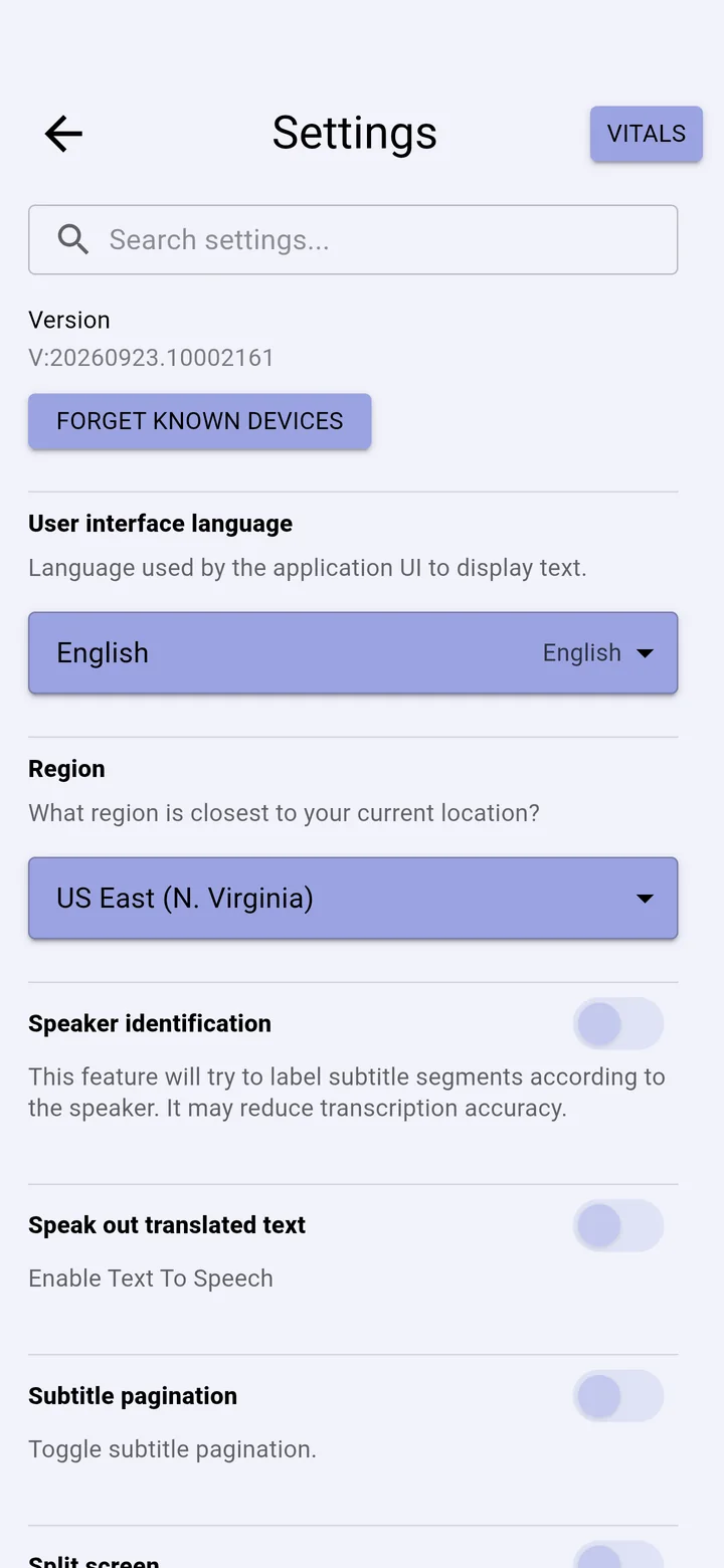 The top of the Settings page