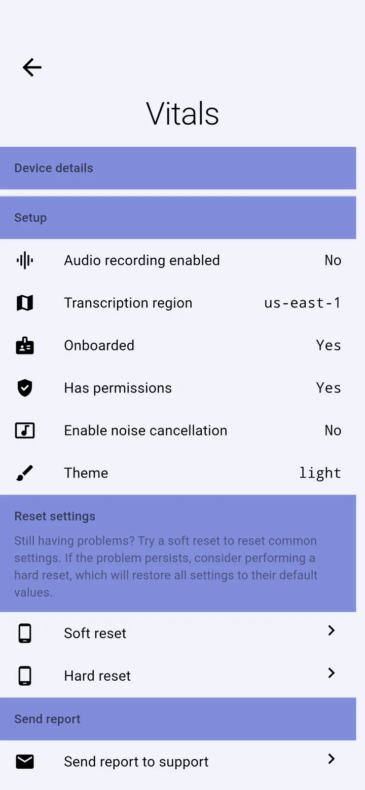 Vitals: resets and Send report to support