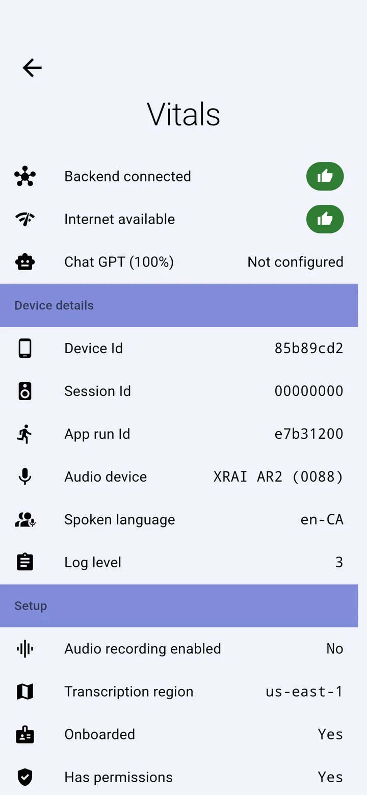 Vitals: connection and device details