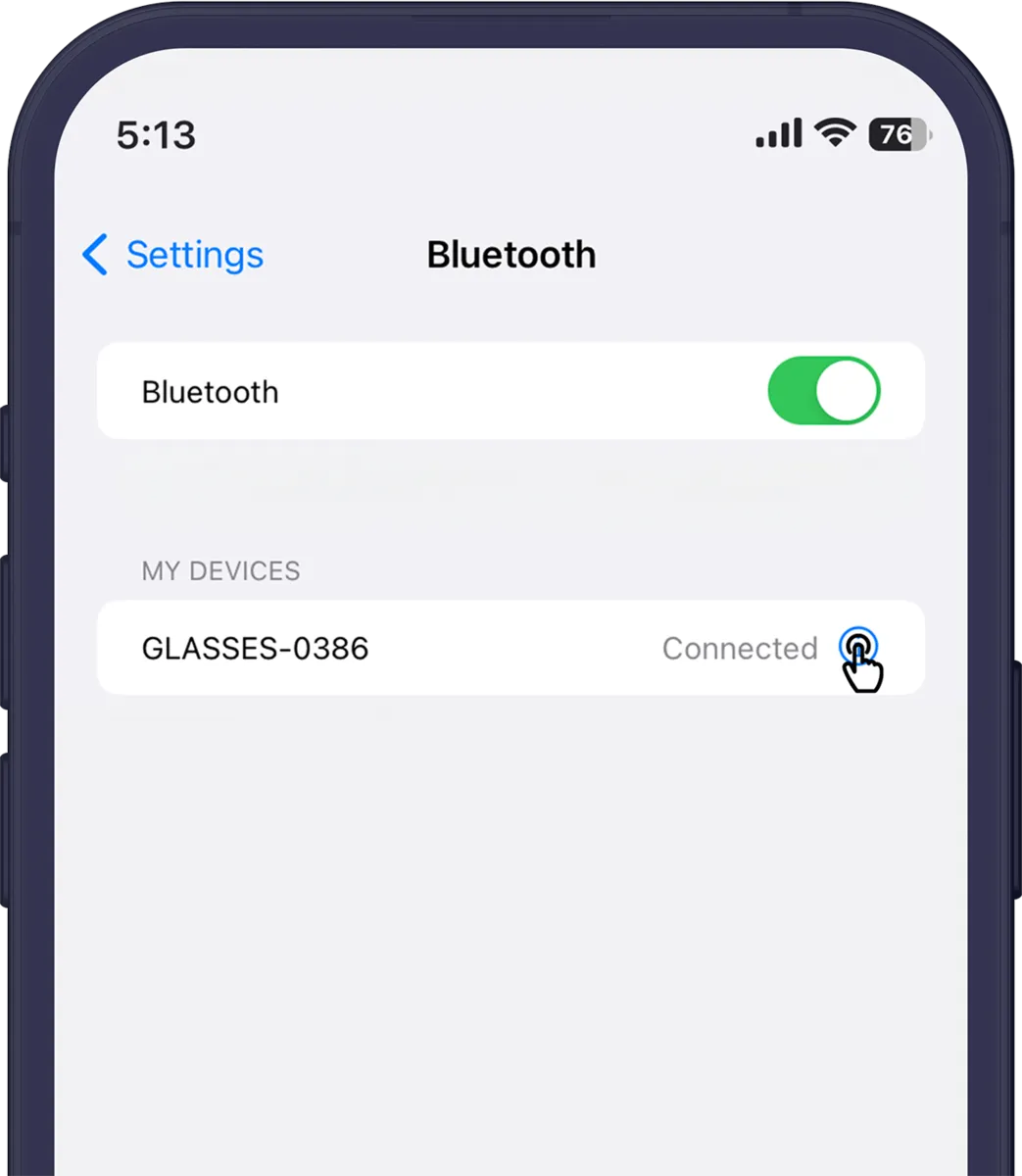 iPhone Bluetooth settings with the glasses listed