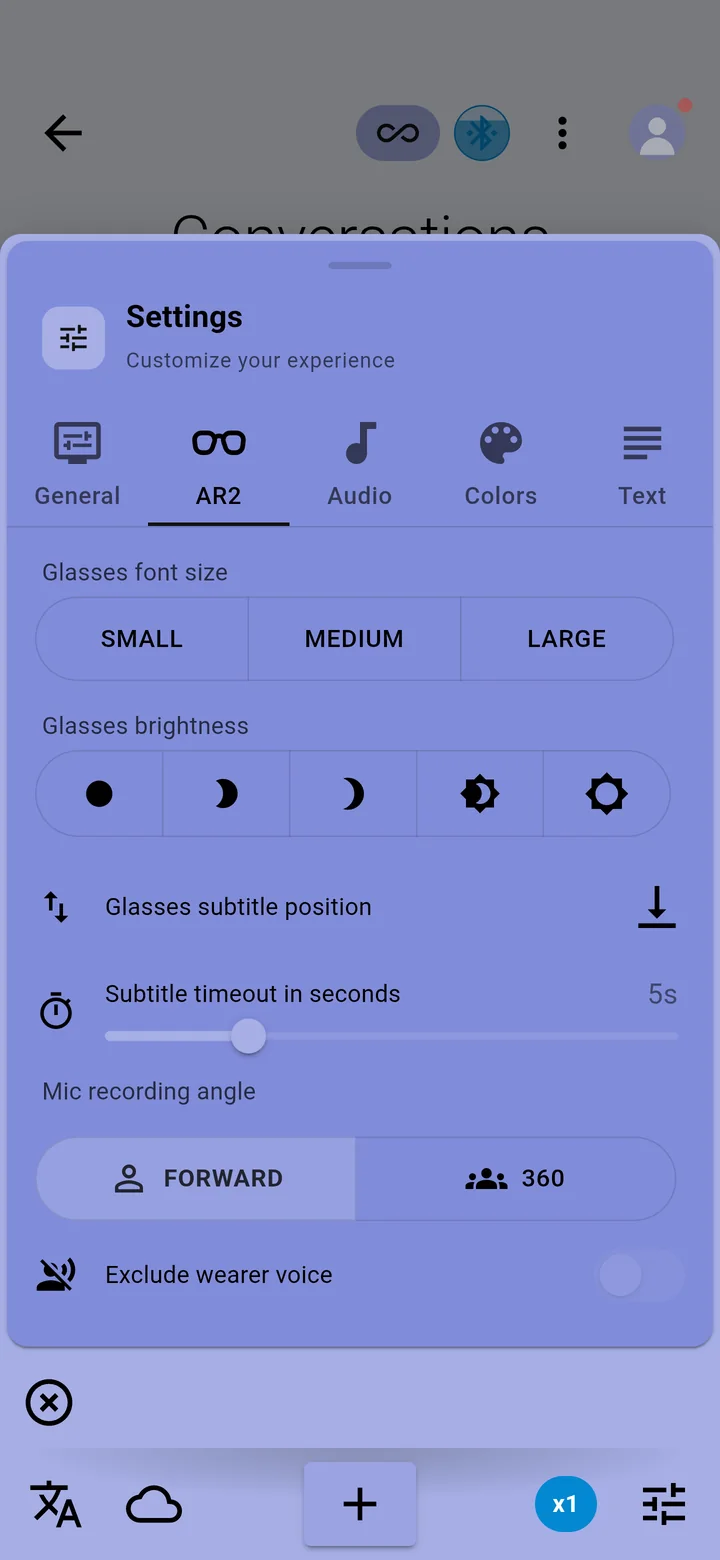 The AR2 tab with Forward chosen, showing Exclude wearer voice