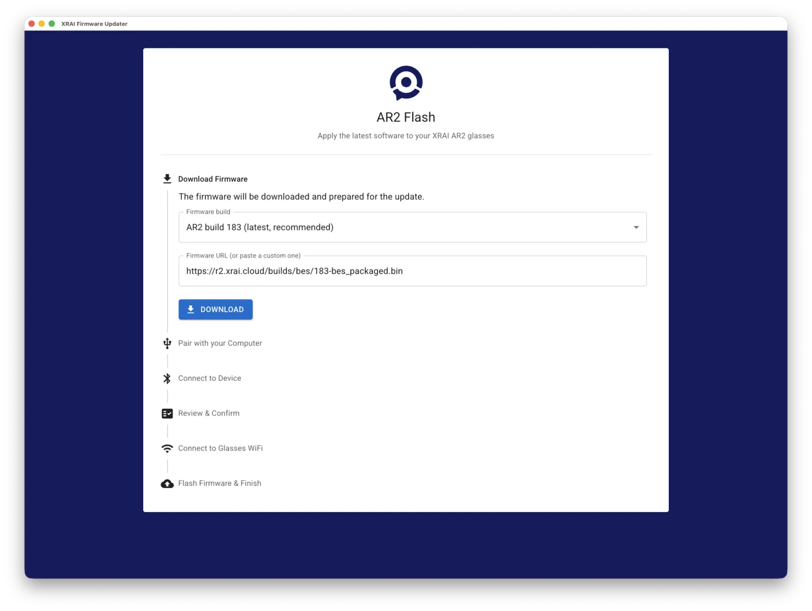 The AR2 Firmware Updater downloading firmware