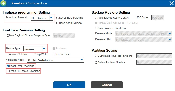 QFIL Download Configuration with the settings above