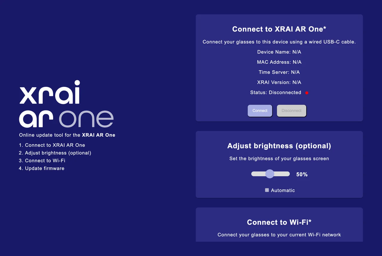 The AR One updater in Chrome, before the glasses are connected