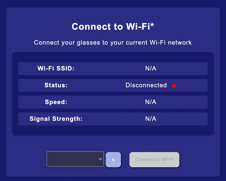 Connect to Wi-Fi: the network list, refresh button and Connect to Wi-Fi button