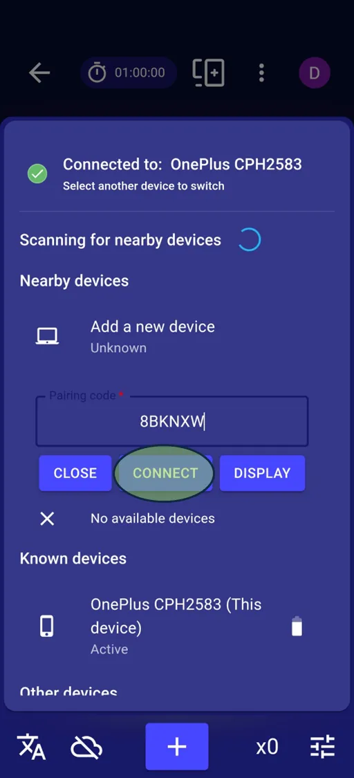 Entering the pairing code and tapping Connect