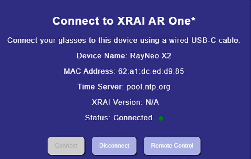 The updater page connected to RayNeo X2