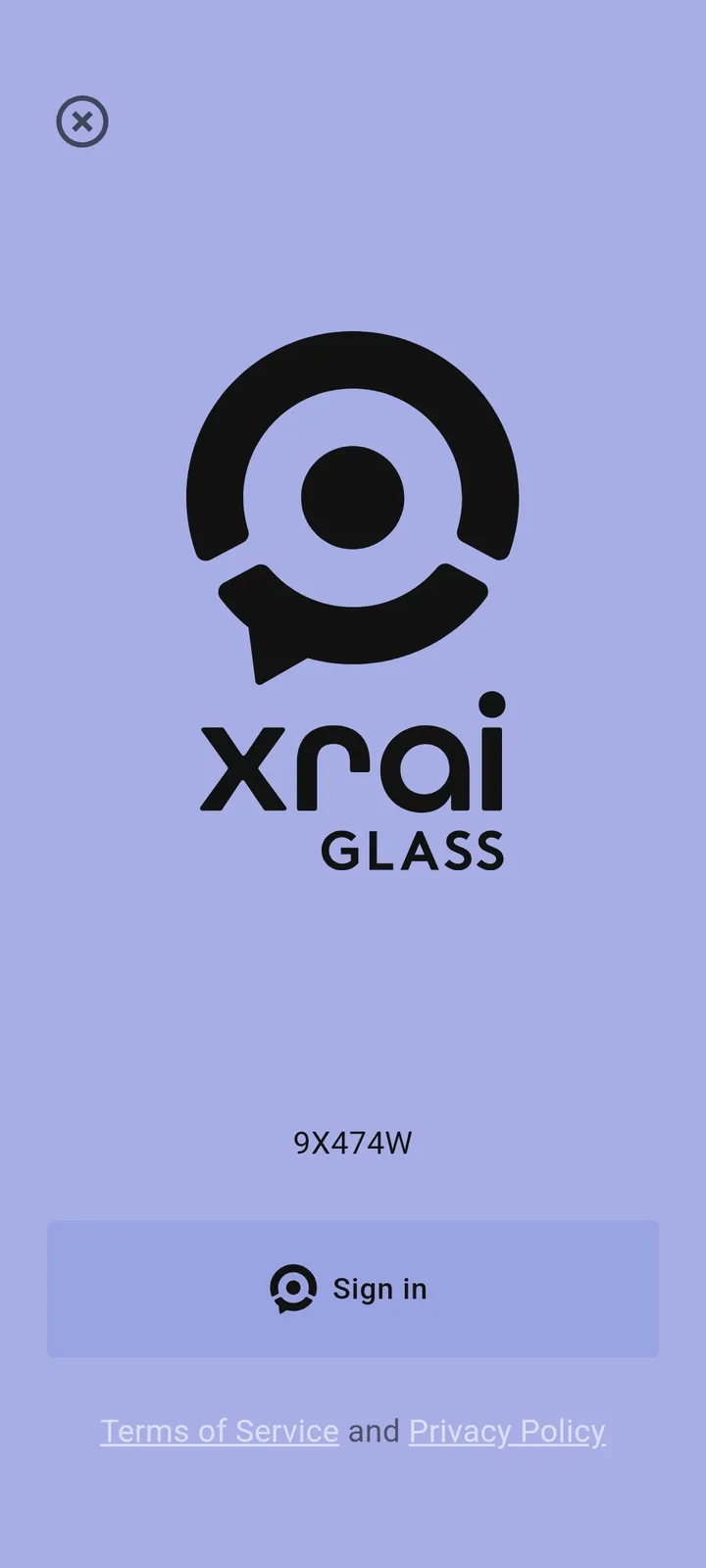 The XREAL version of the XRAI app, ready to sign in