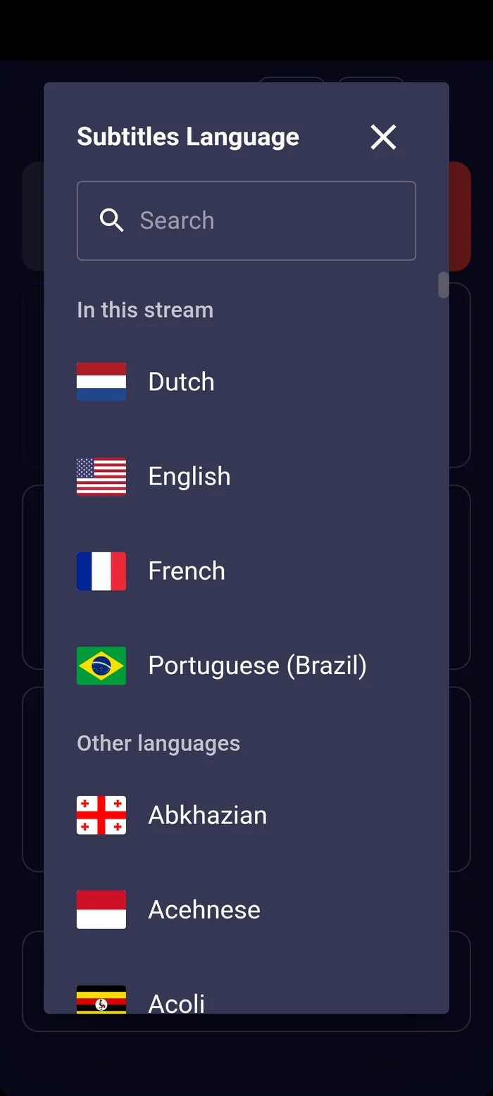 The language list, with the stream's languages first