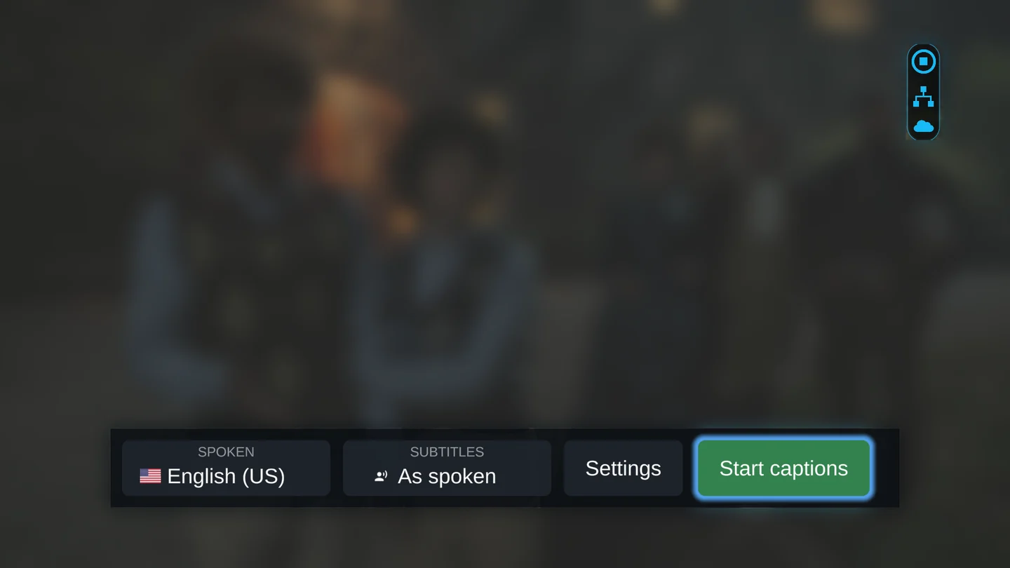 The XRAI bar at the bottom of the TV: Spoken English (US), Subtitles As spoken, Settings, and a green Start captions button.
