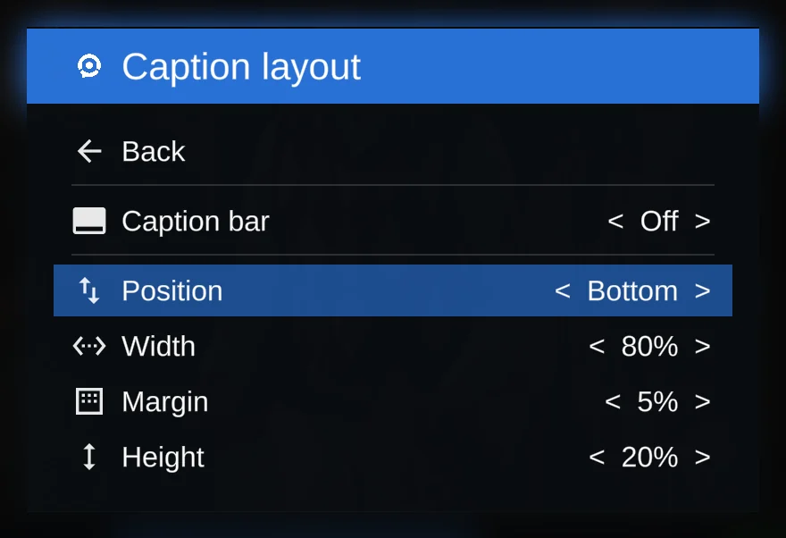 The Caption layout panel, with the caption bar, position, width, margin and height.