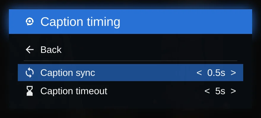 The Caption timing panel, with Caption sync set to 0.5s and Caption timeout set to 5s.