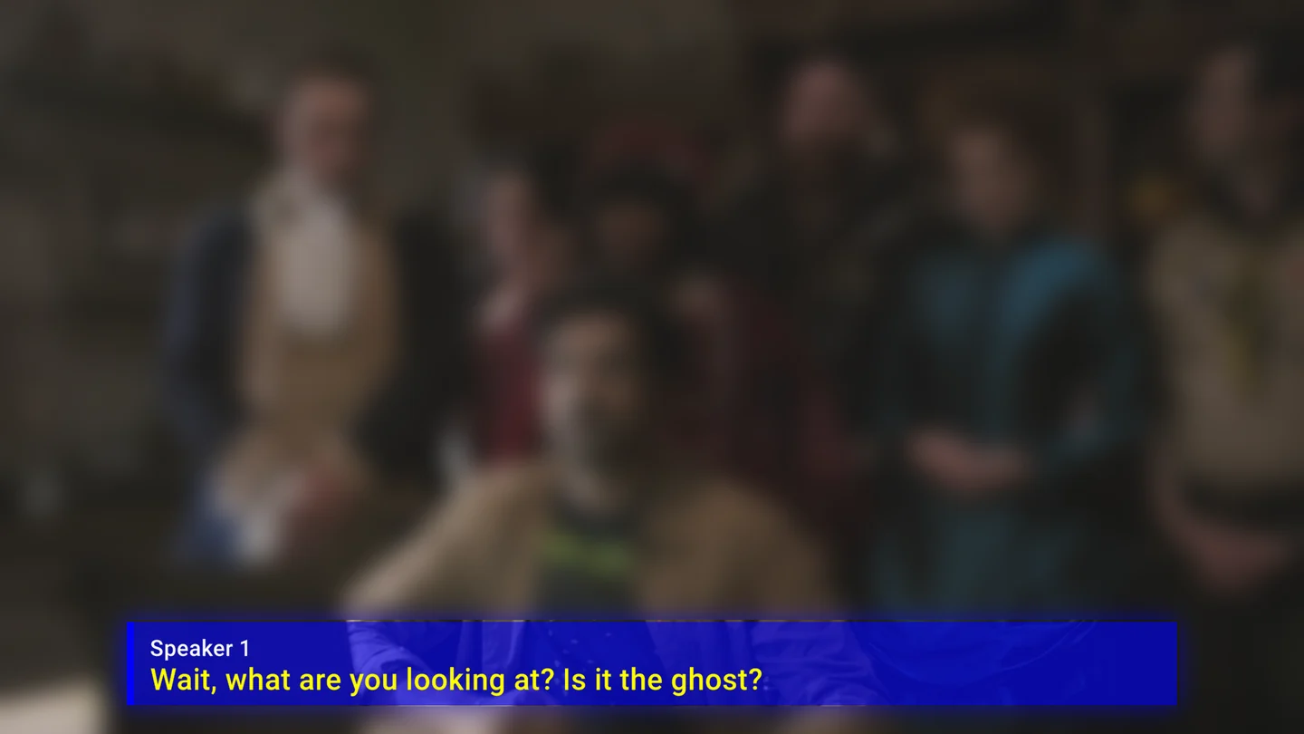 Yellow captions on a blue background at the bottom of a TV programme.