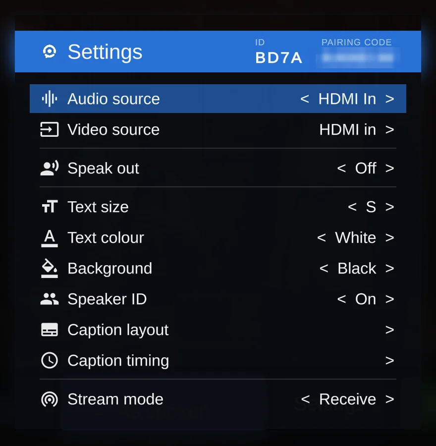 The XRAI TV Settings popup, with the box's ID and pairing code in the header and the settings listed below.
