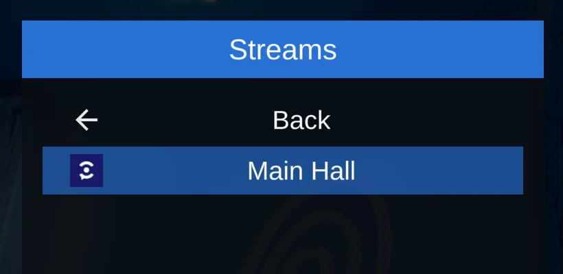 The Streams list on the TV, with Back and one stream found.