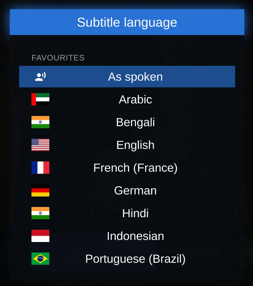 The Subtitle language list on the TV, with As spoken and the favourite languages at the top.