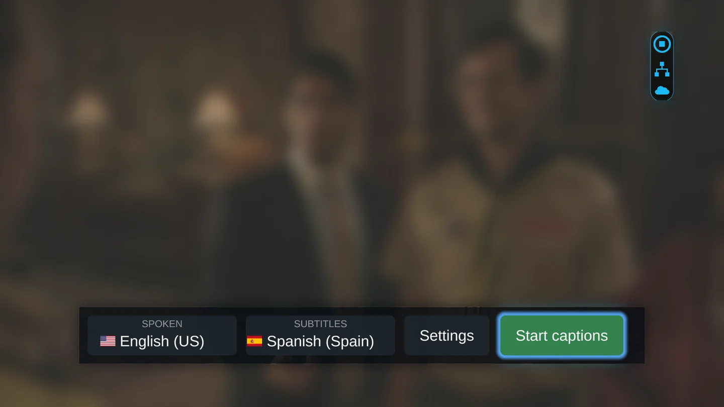 The XRAI bar over a TV programme: Spoken English (US), Subtitles Spanish (Spain), Settings, and Start captions.