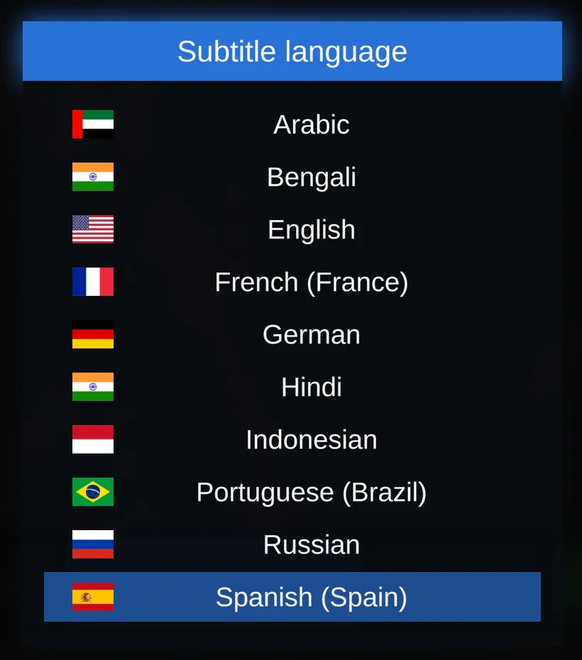 The Subtitle language list with Spanish (Spain) chosen among the favourites.