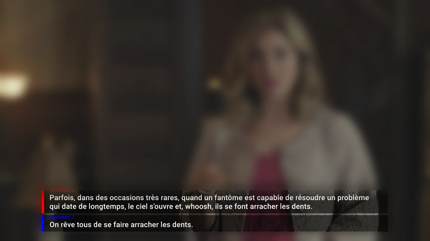 Captions translated into another language at the bottom of a TV programme.